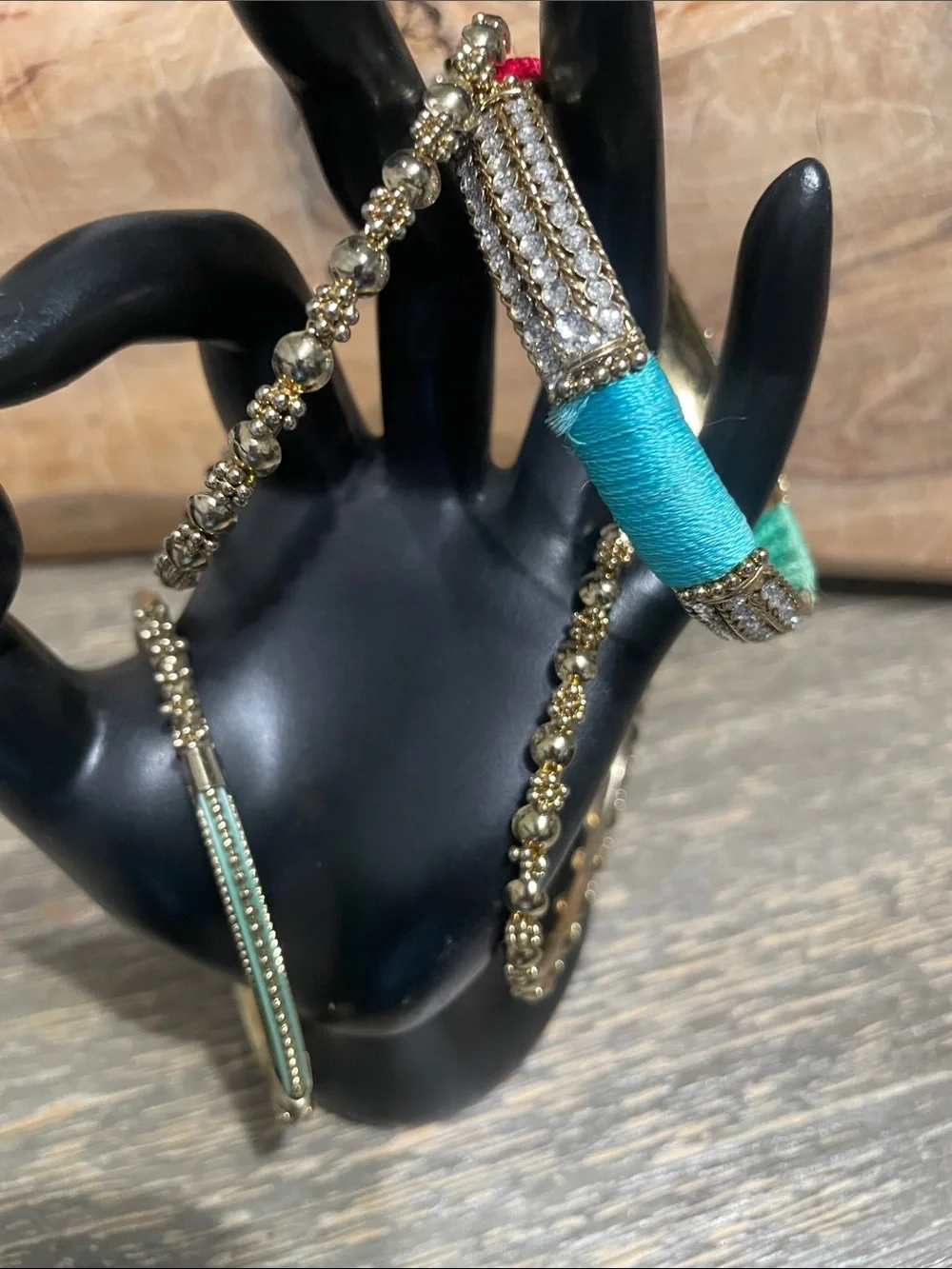Gold Tone Multi-Color Bangle Set with Turquoise and Red Accents